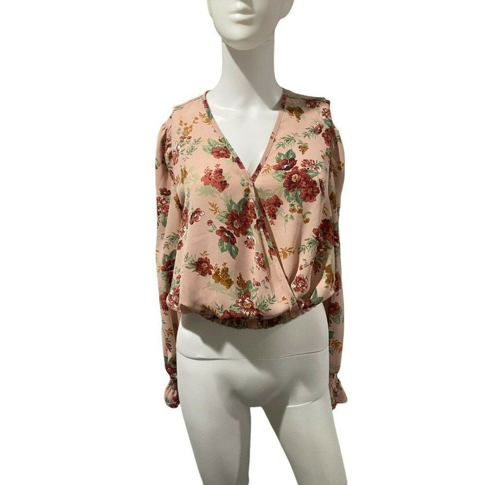 NWT Medium Cropped Ultra‎ Flirt Long Sleeve Summer Top Blouse Floral Pink Ruched